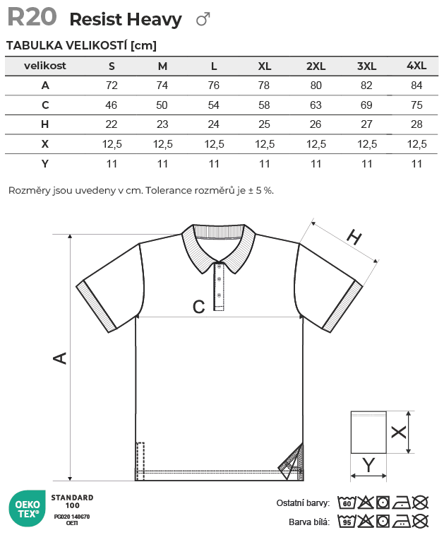 R20 Resist Heavy Polo polokošile pánská Tabulka velikostí